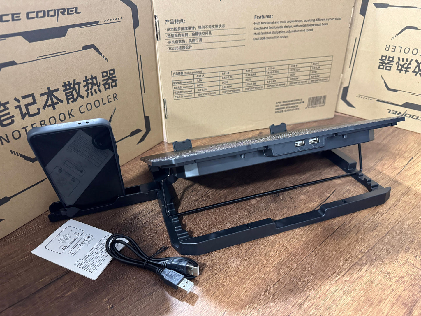 💻 DUO: Cooler para Laptop 6 Ventiladores + Soporte de Metal para Celular